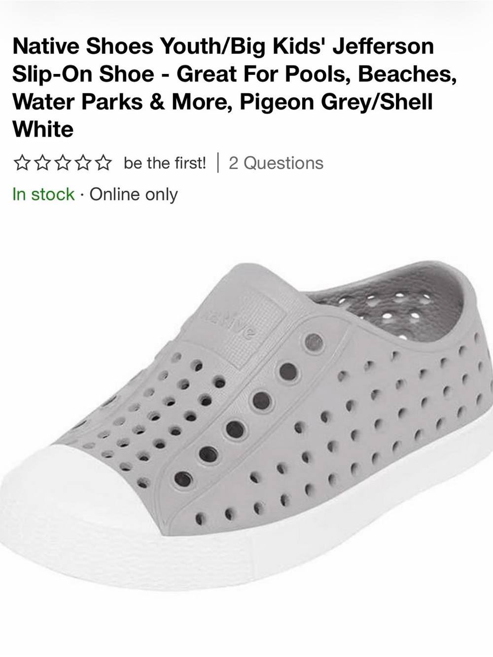 Native Kids Water Shoe Slip-On in Pigeon Grey and Shell White